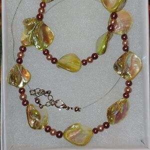 Handmade Necklace & Bracelet SET Iridescent Irregular Stone w/ Brown/Rose colore